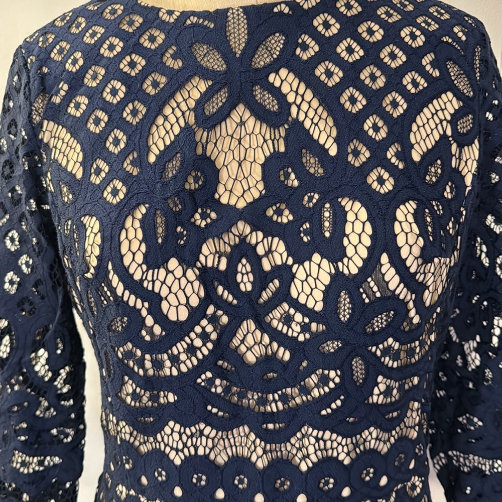 Gabby Skye Navy lace midi dress with nude liner, 3/4 sleeves - Picture 2 of 7